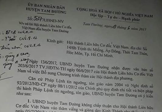 VNTB – Hồ sơ ngăn cấm giảng đạo Tin Lành của UBND huyện Tam Đường, tỉnh Lai Châu